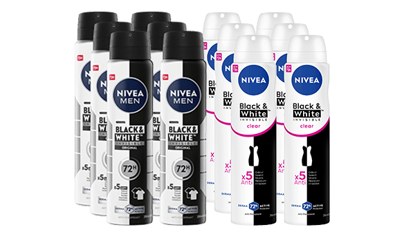 Nivea Men's and/or Women's Deodorant 72hr Black & White 6 x 250ml